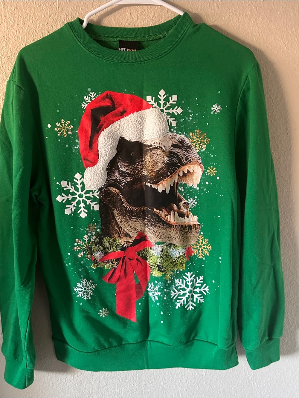Fifth Sun Green Crewneck Sweatshirt with Festive T-Rex Graphic Christmas Size S
